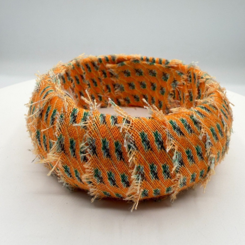 Orange Fabric Bangle Bracelet Green Pattern Chunky Boho Statement Fringe 7 Inch